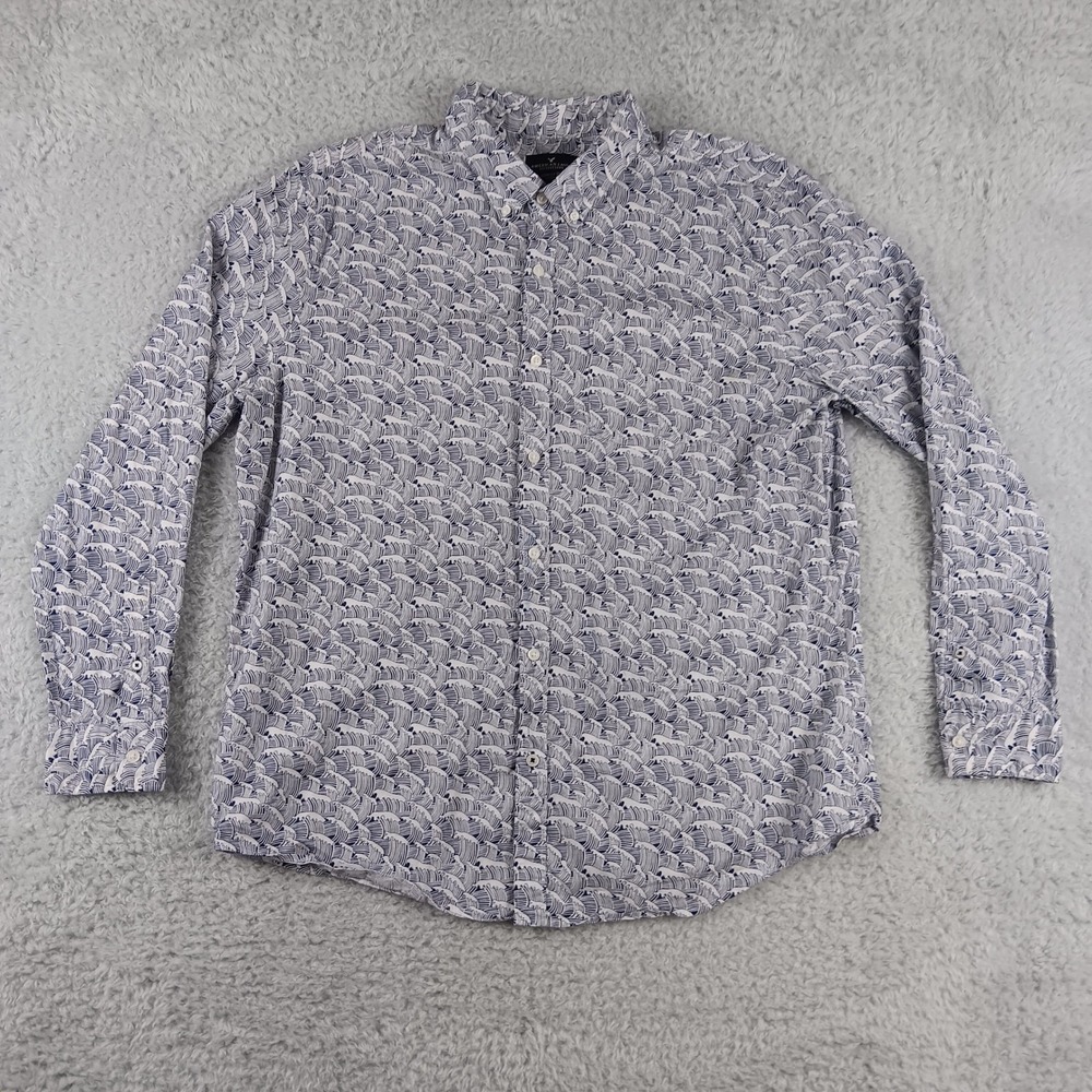 American Eagle Mens XXL Blue White Wave Print Button‎ Down Shirt Seriously Soft